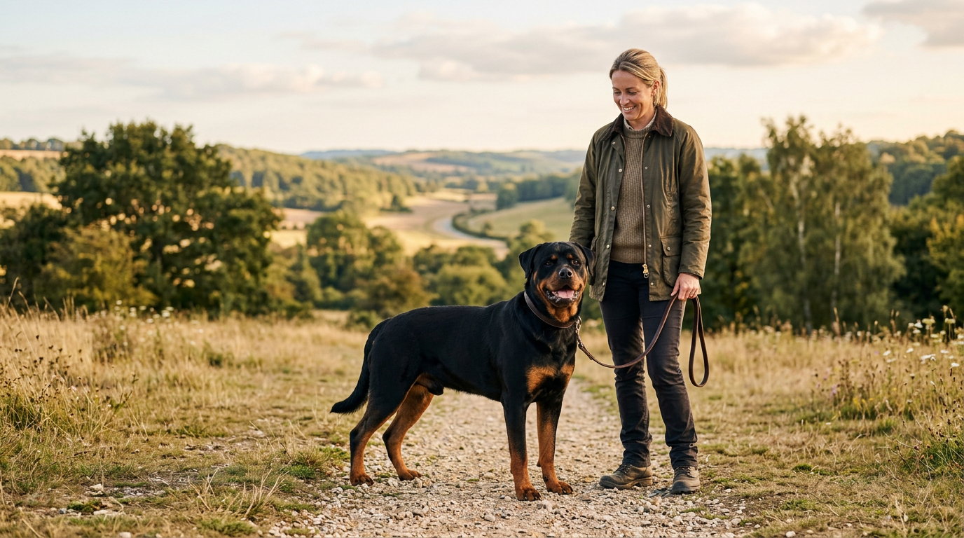 Adult Rottweiler standing calmly outdoors