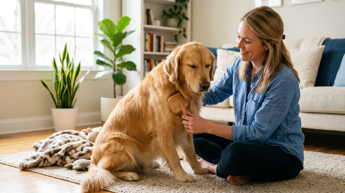 Golden Retriever being gently brushed in a bright home
