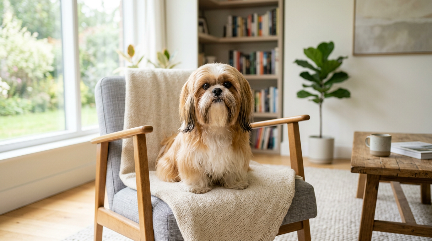 Shih Tzu sitting calmly in a bright home