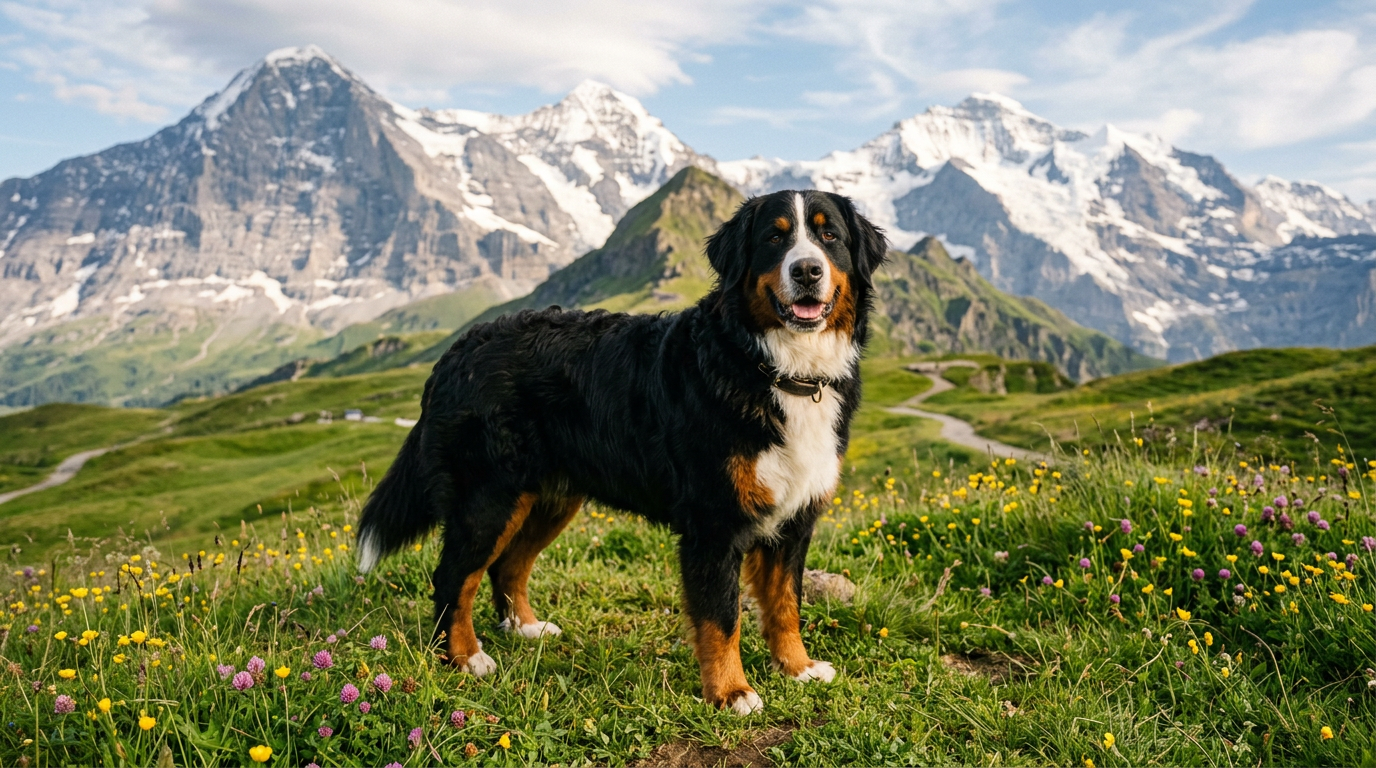 Bernese Mountain Dog standing in a green mountain meadow