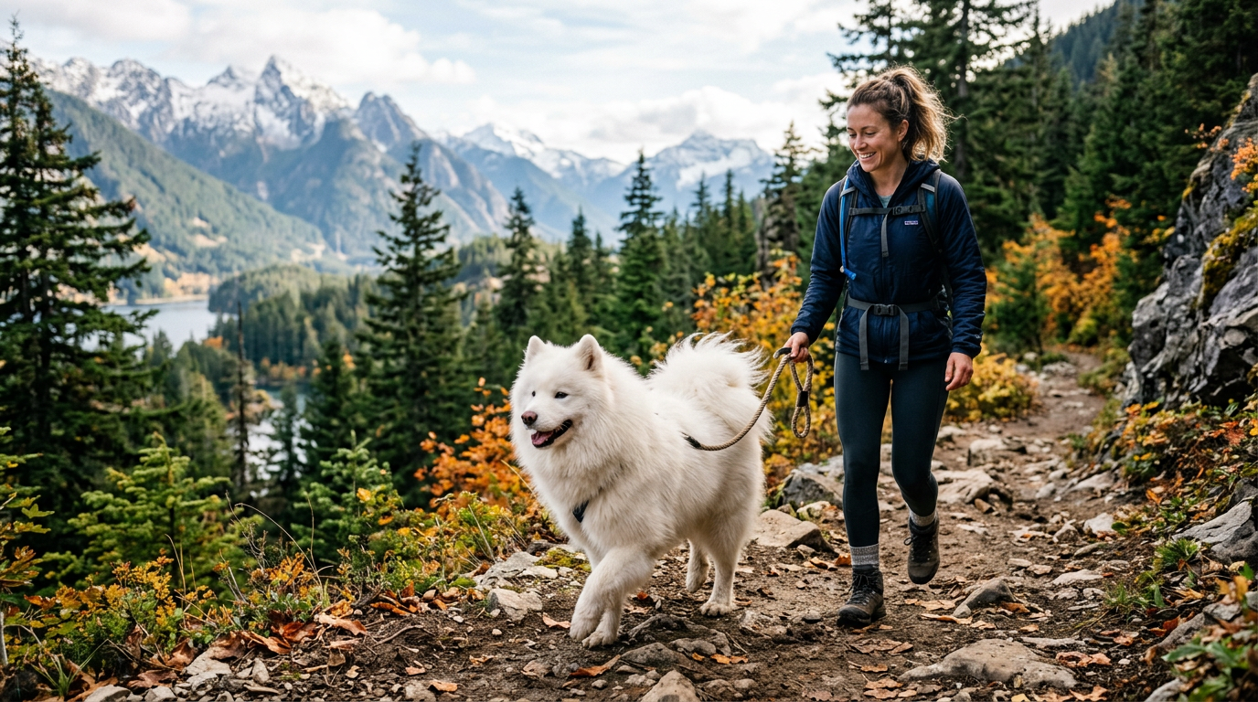 Adult Samoyed outdoors with an active owner in cool weather