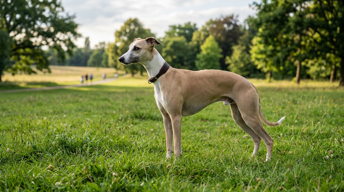 Whippet standing calmly in an open grassy park