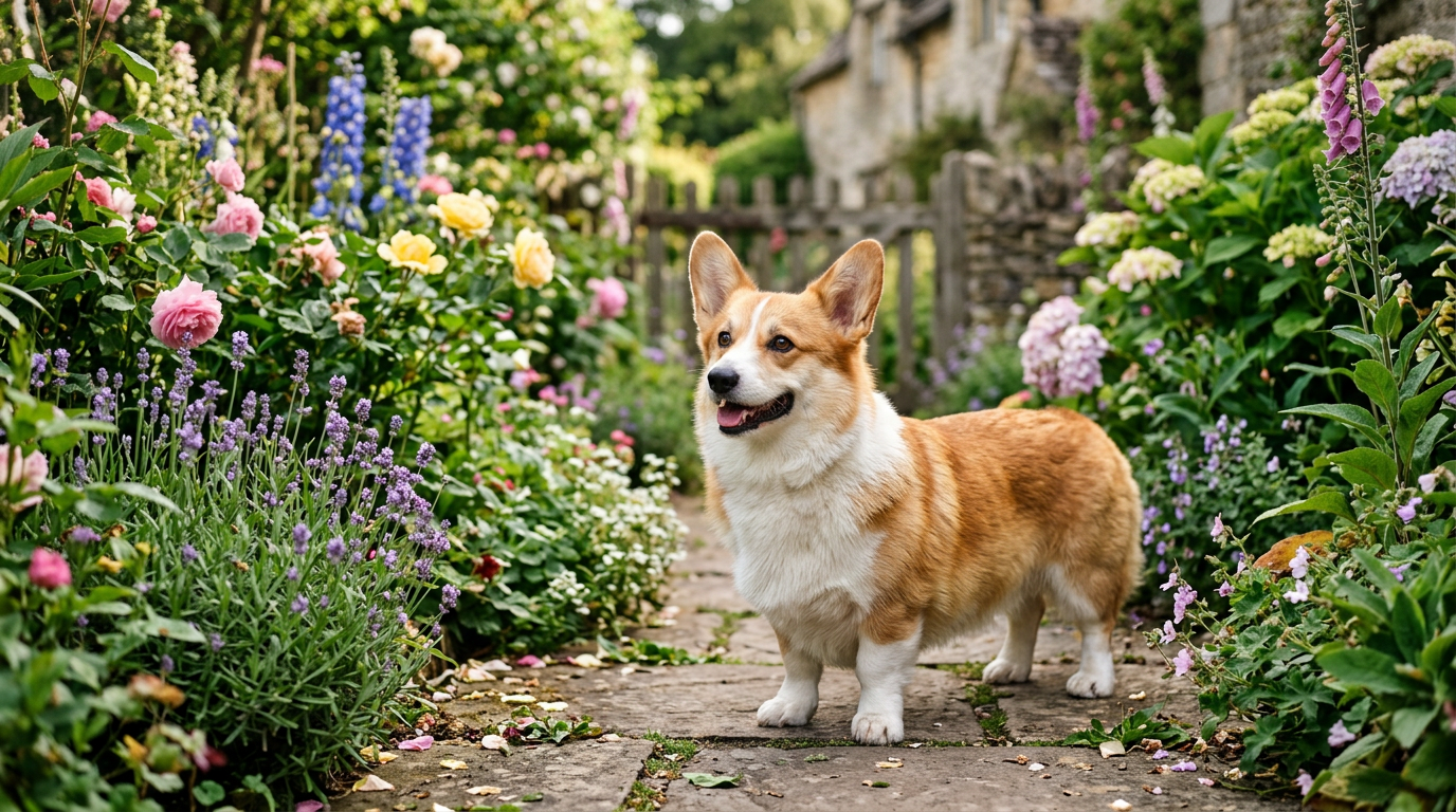 Pembroke Welsh Corgi standing happily in a garden
