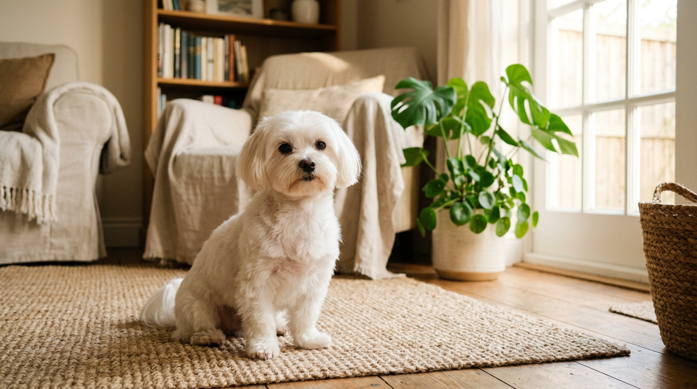 Maltese sitting calmly in a sunlit home