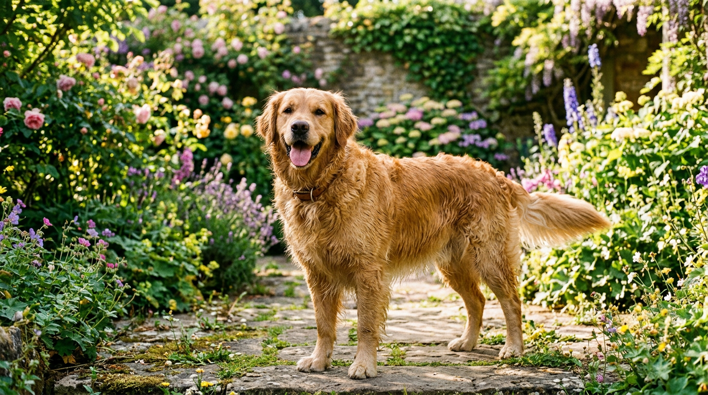 Golden Retriever standing happily in a sunlit garden