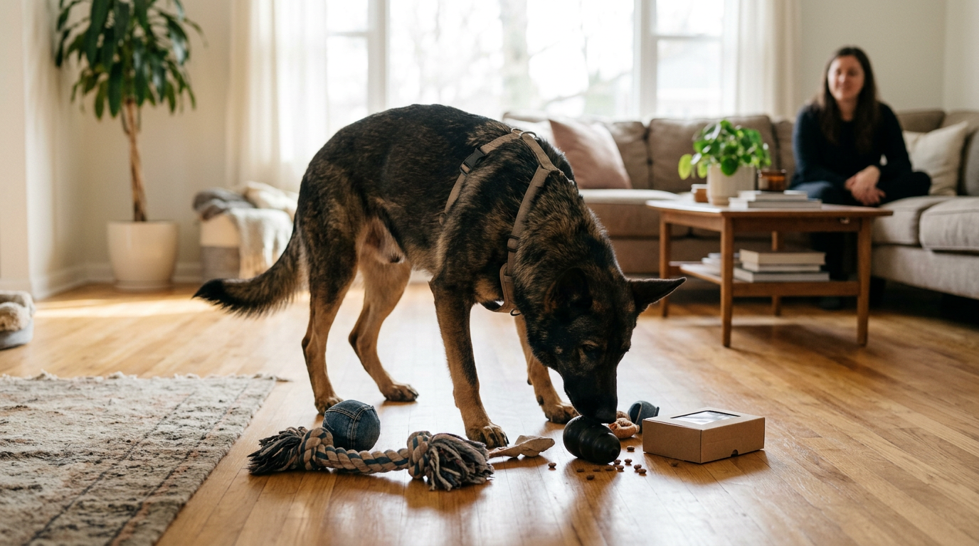 German Shepherd doing a calm indoor scent game