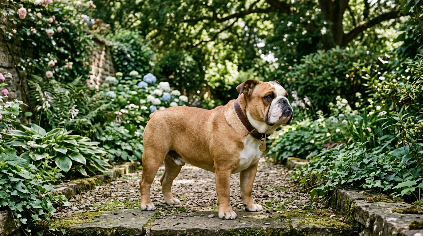 English Bulldog standing calmly in a shaded garden