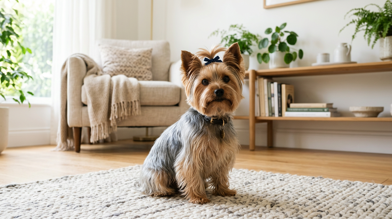 Yorkshire Terrier sitting calmly in a bright home