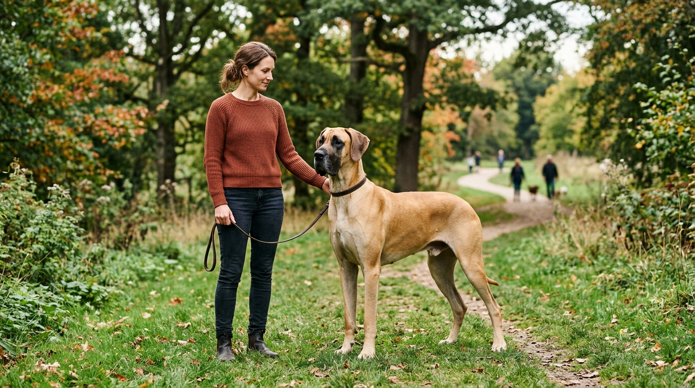 Great Dane standing calmly beside an owner in a grassy park