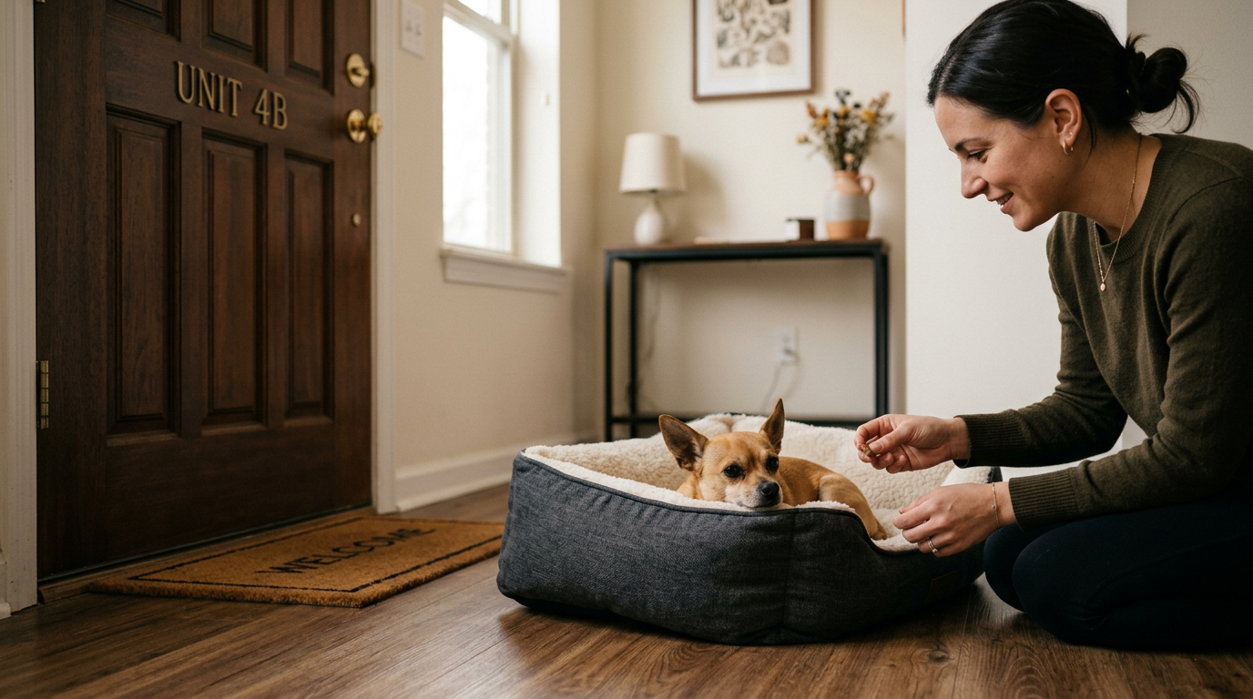 Chihuahua calmly relaxing away from apartment doorway noises