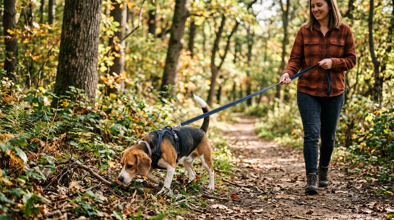Adult Beagle exploring outdoors on a lead