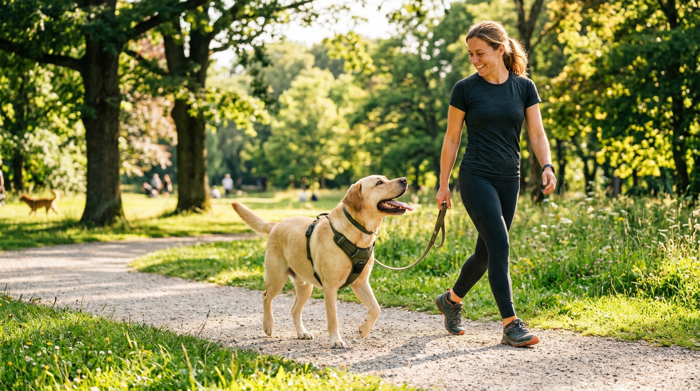 Adult Labrador Retriever outdoors with an active owner