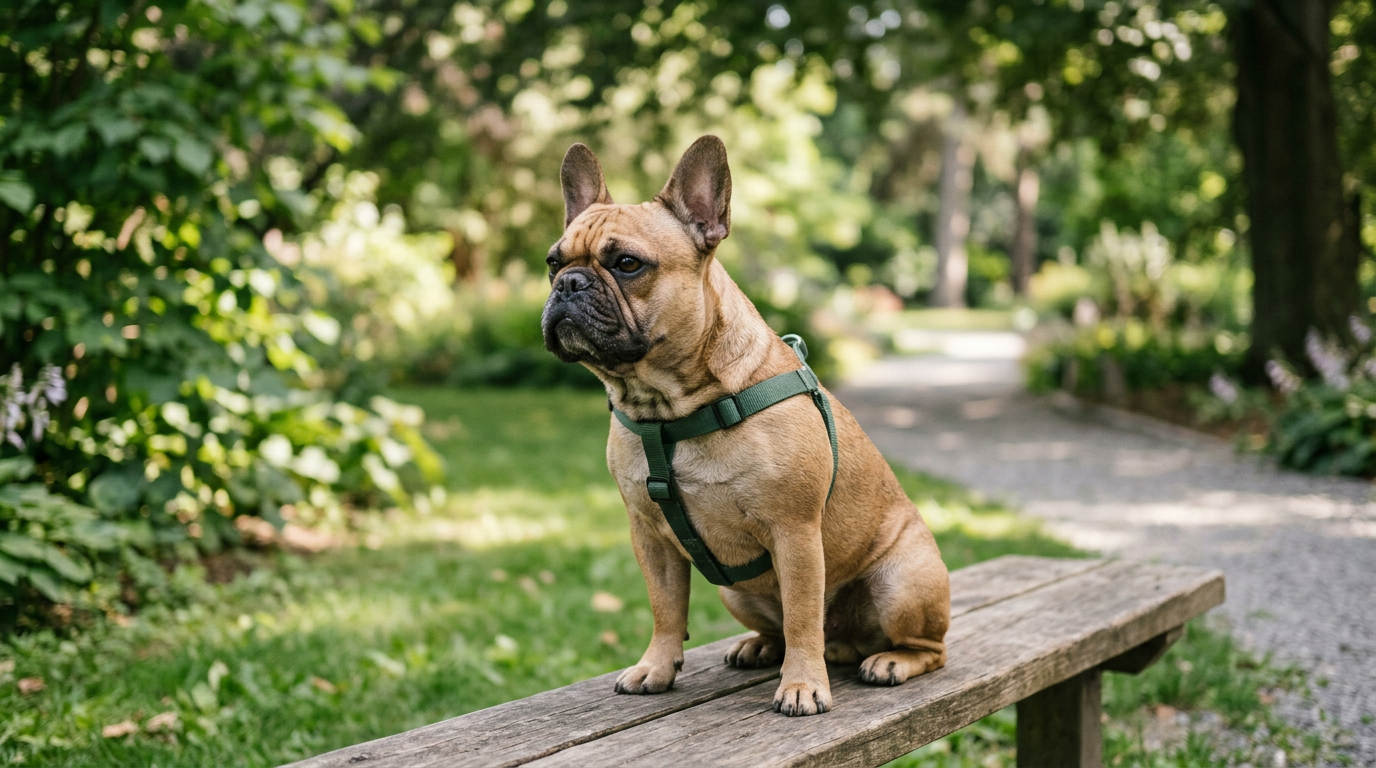 Healthy French Bulldog sitting calmly outdoors in gentle shade