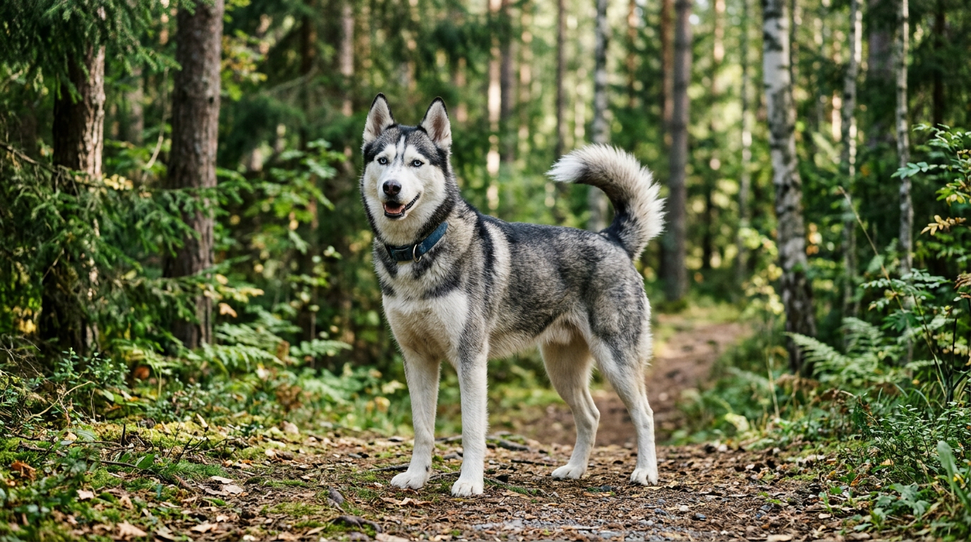Siberian Husky standing outdoors in a cool forest setting