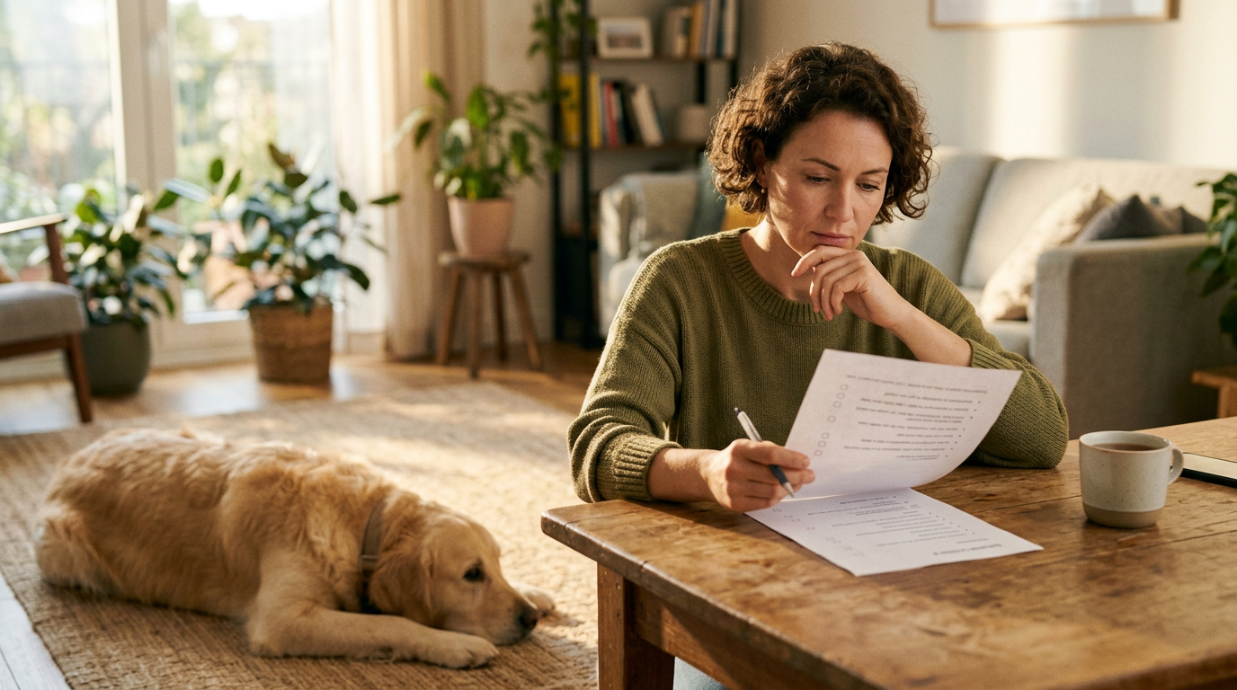 Prospective dog owner reviewing lifestyle factors with a calm dog nearby