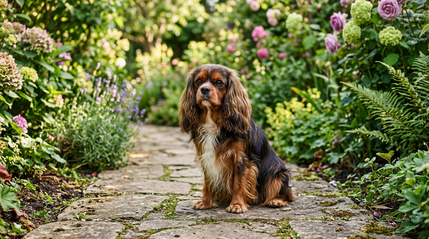 Cavalier King Charles Spaniel sitting calmly on a garden path