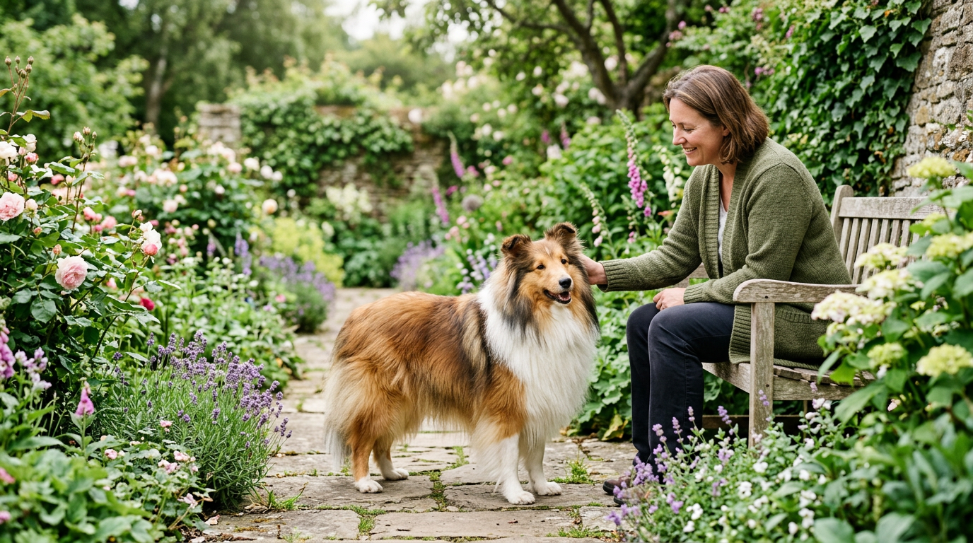 Adult Shetland Sheepdog outdoors with a family owner