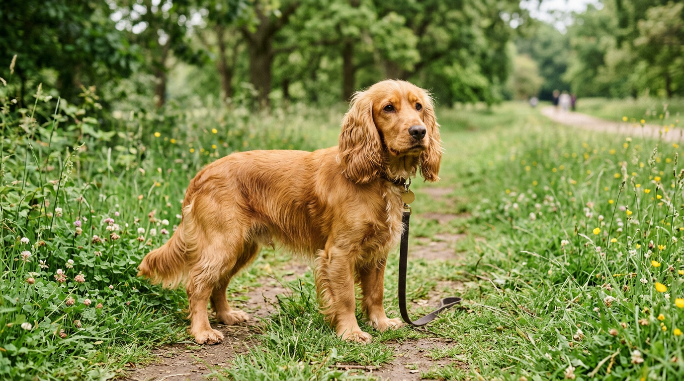 Cocker Spaniel standing calmly in a green park