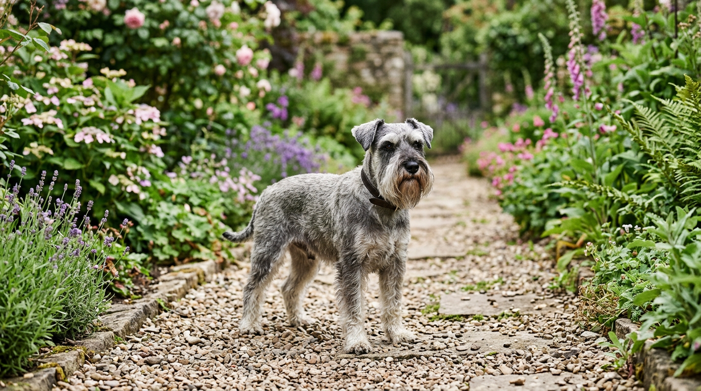 Miniature Schnauzer standing calmly on a garden path