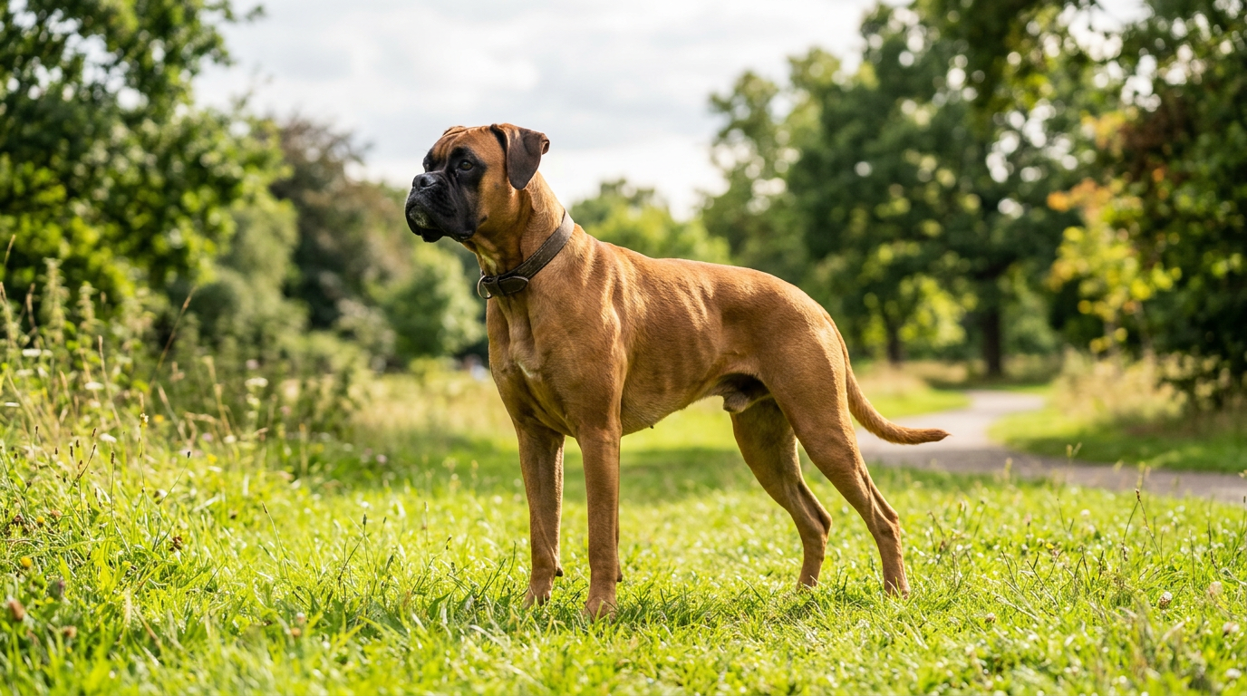 Boxer standing alert and relaxed in a grassy park