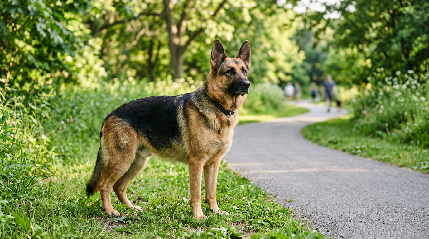 German Shepherd standing alert and relaxed in a green park