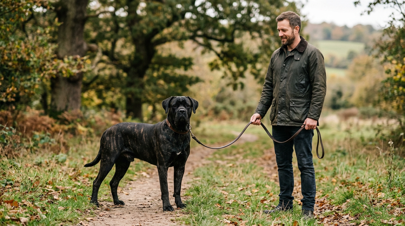Cane Corso standing calmly with an owner outdoors