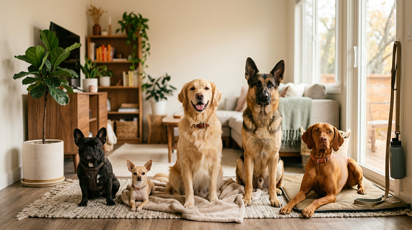 A diverse group of dogs beside people in different everyday lifestyles