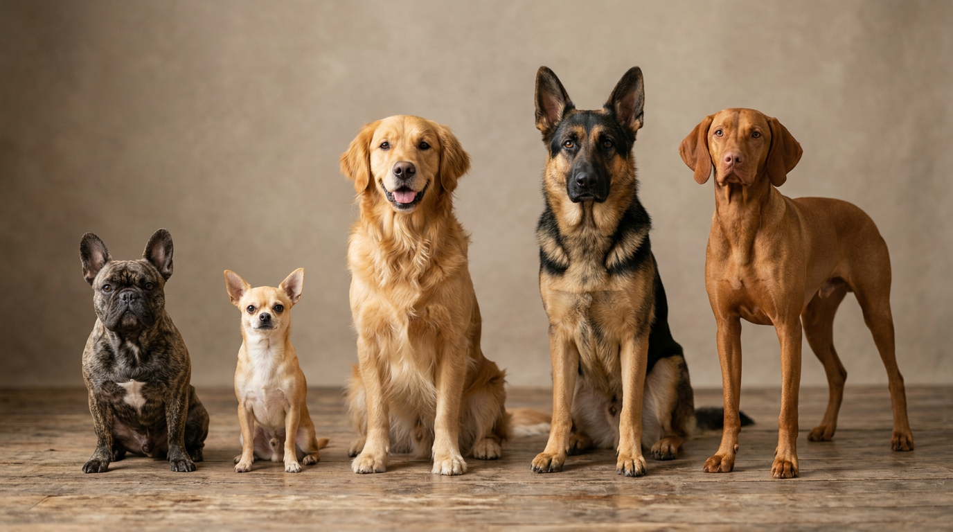 Five different dog breeds presented as a clear, friendly reference collection