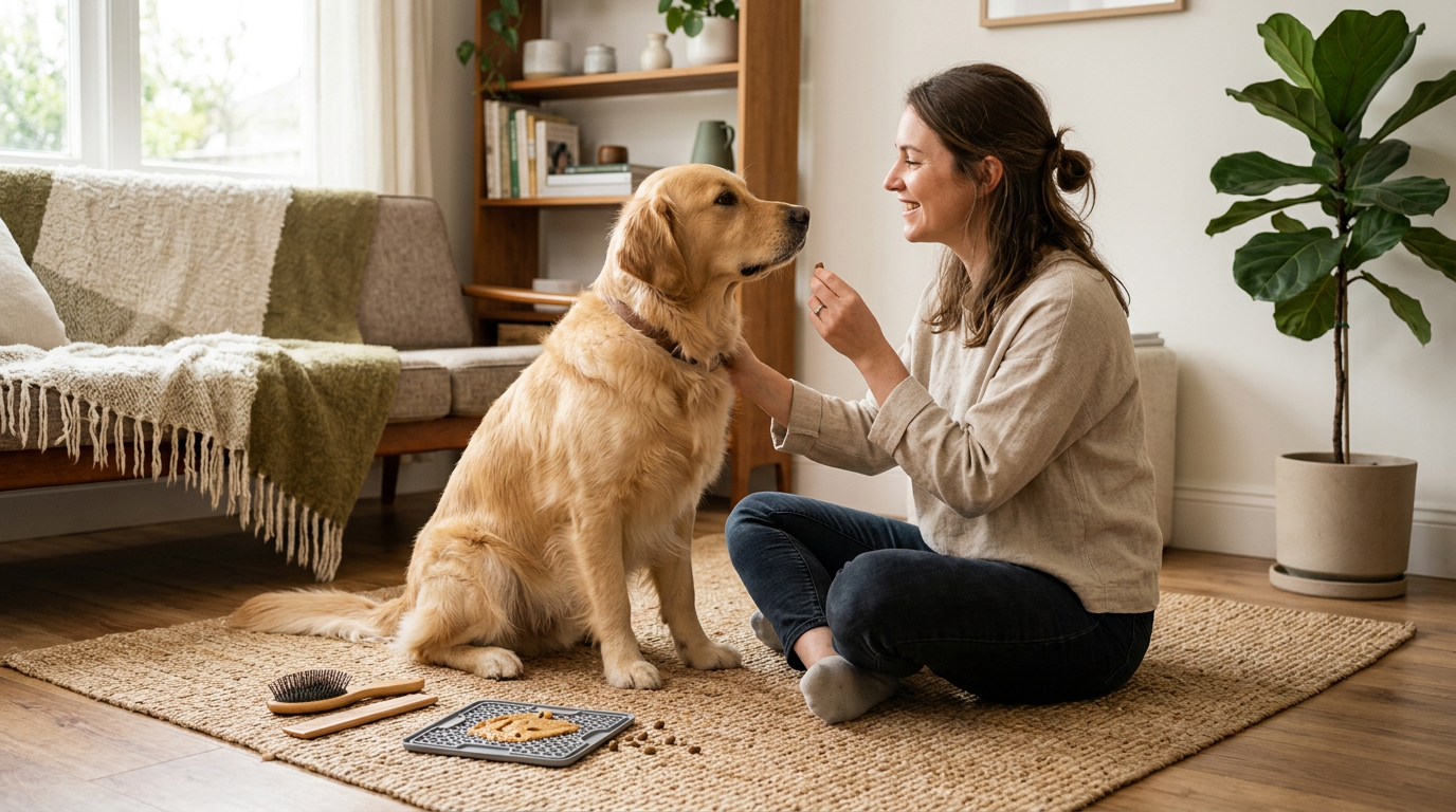 Dog owner practising calm training and everyday care at home