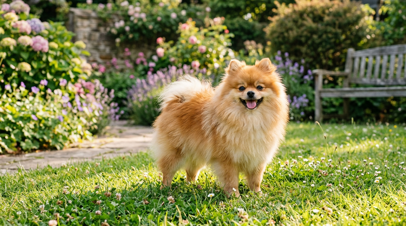 Pomeranian standing happily in a sunlit garden