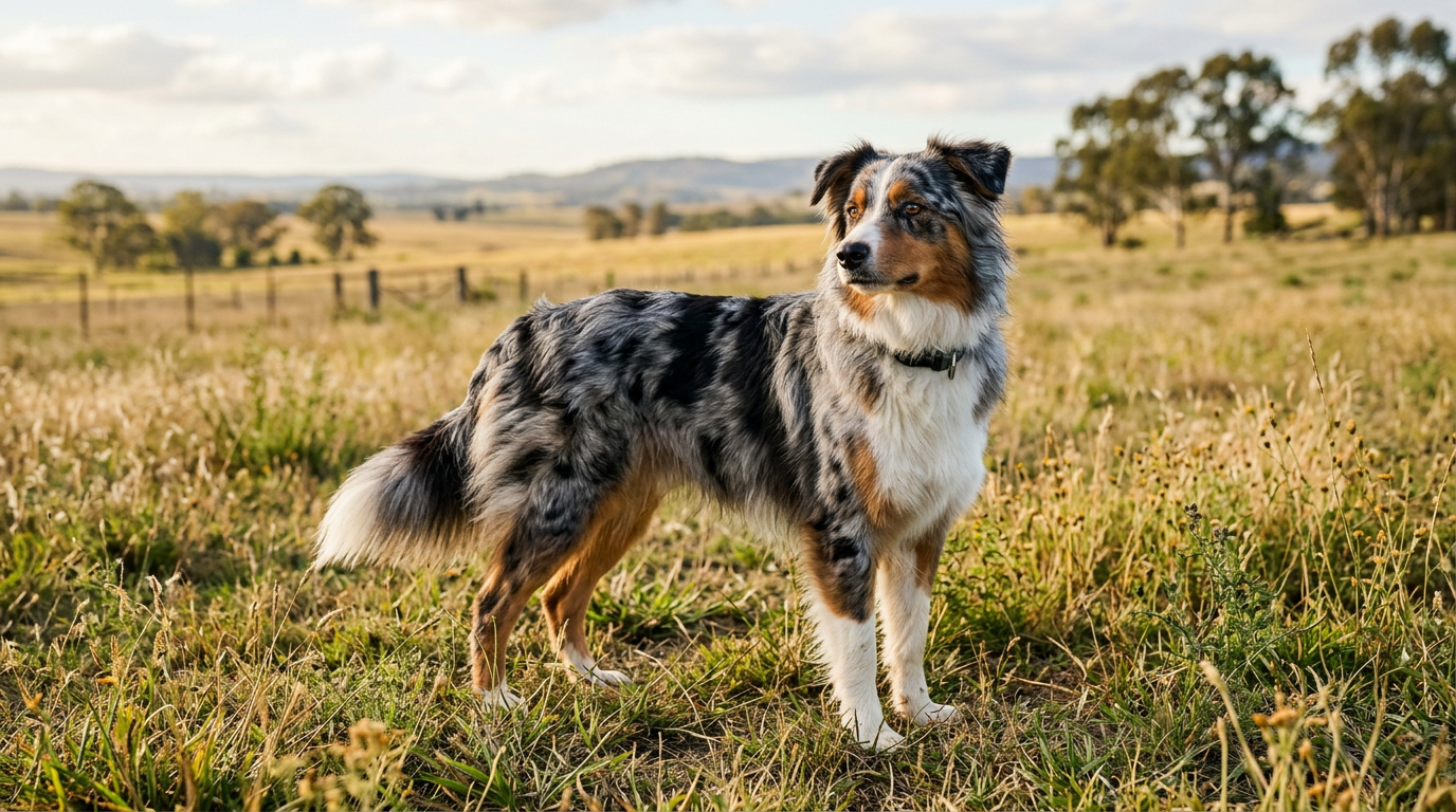 Australian Shepherd standing alert in an open field