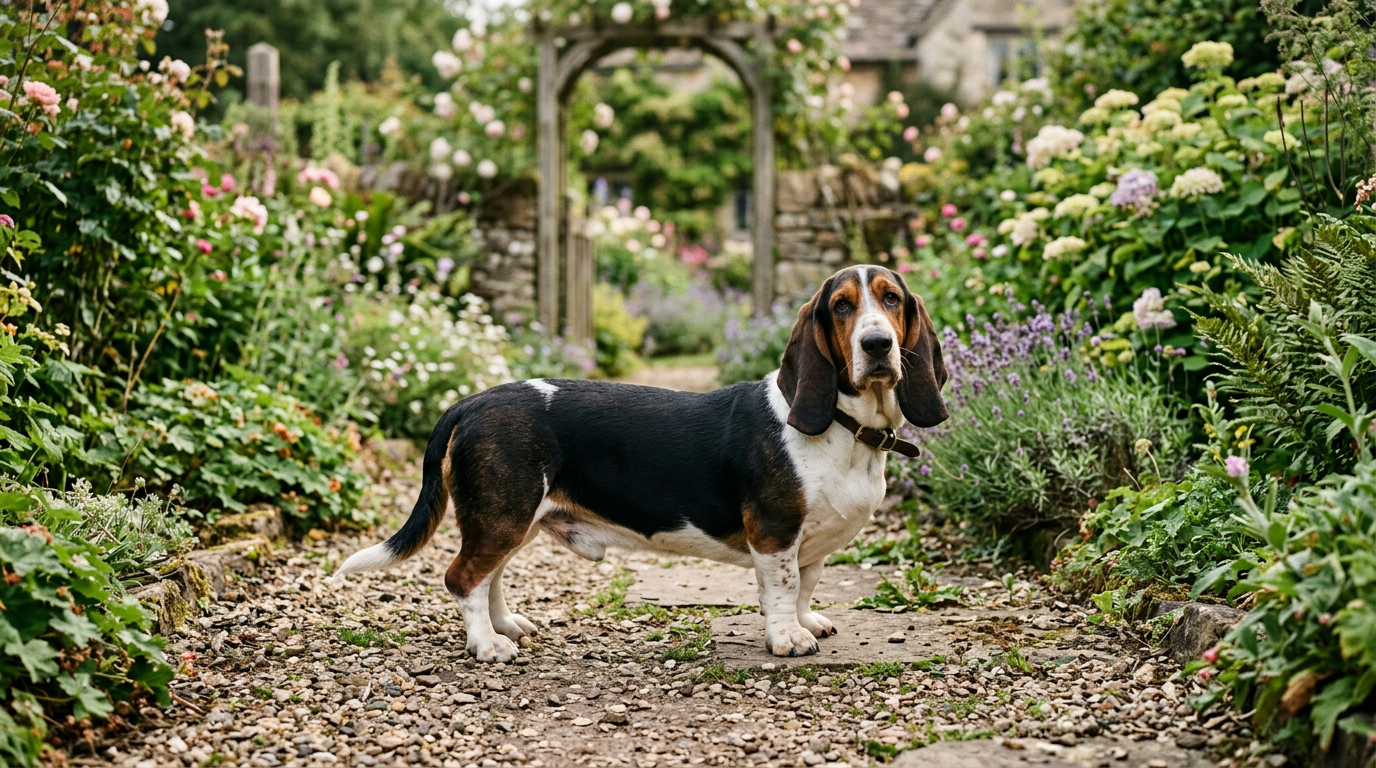 Basset Hound standing calmly on a garden path