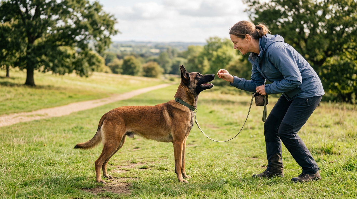 Adult Belgian Malinois training calmly with an experienced owner