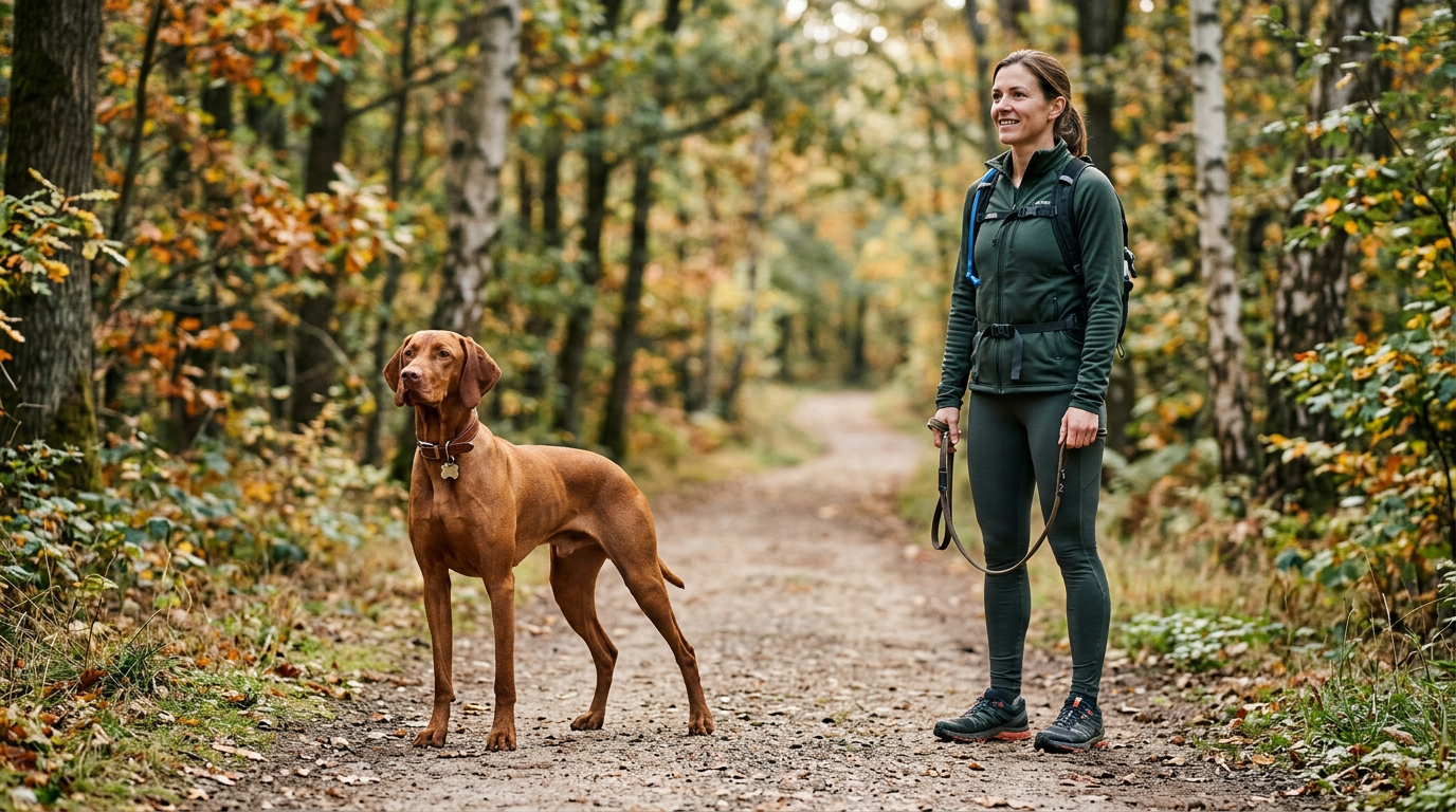 Vizsla standing alert outdoors with an active owner