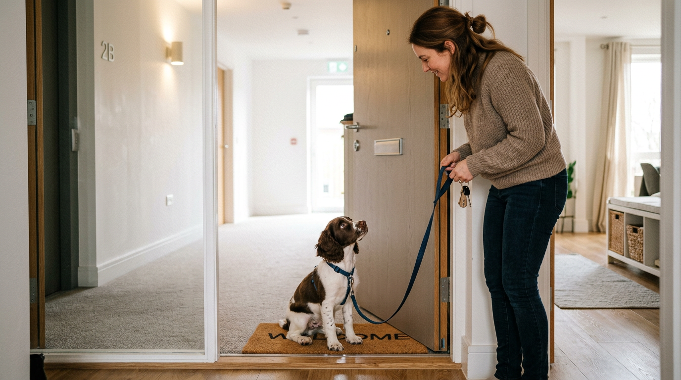 Puppy and owner preparing for a toilet-training trip from an apartment