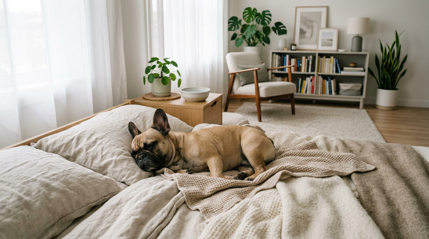 French Bulldog resting comfortably in a cool apartment living room