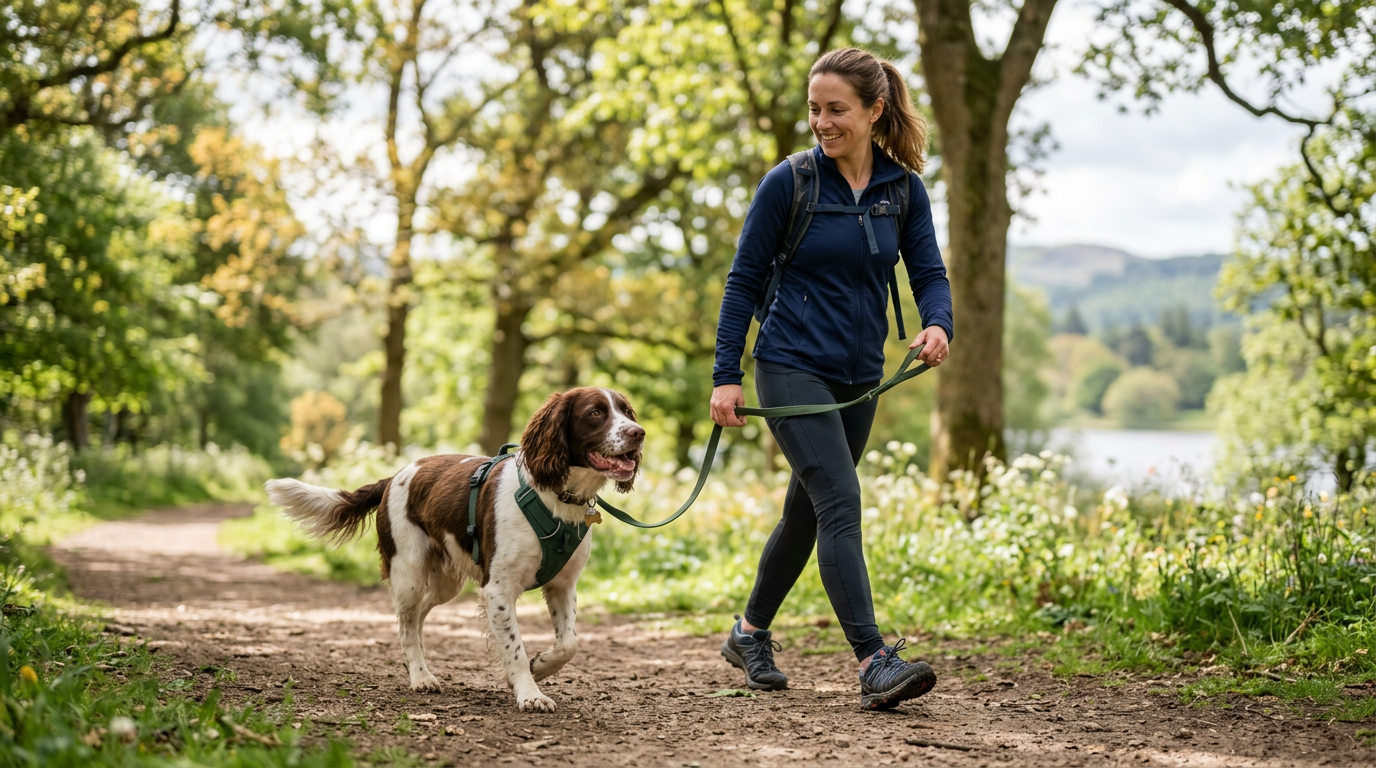 Adult English Springer Spaniel outdoors with an active owner