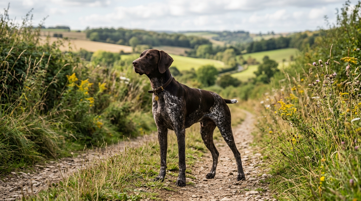 German Shorthaired Pointer standing alert on a field path
