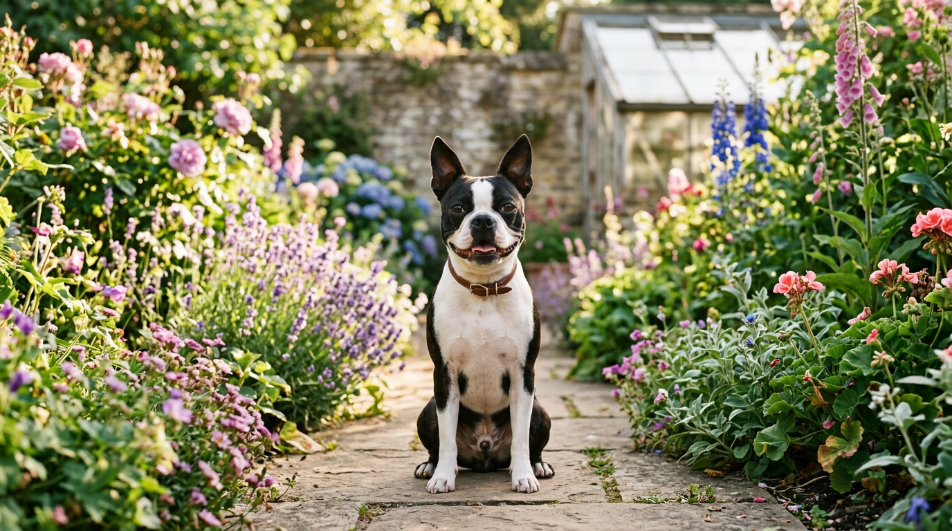 Boston Terrier sitting alert in a sunny garden