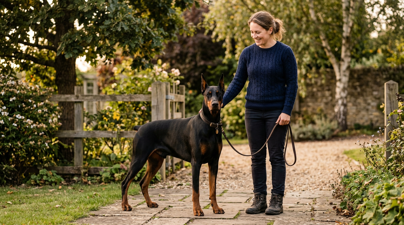 Adult Doberman Pinscher standing calmly with an owner outdoors