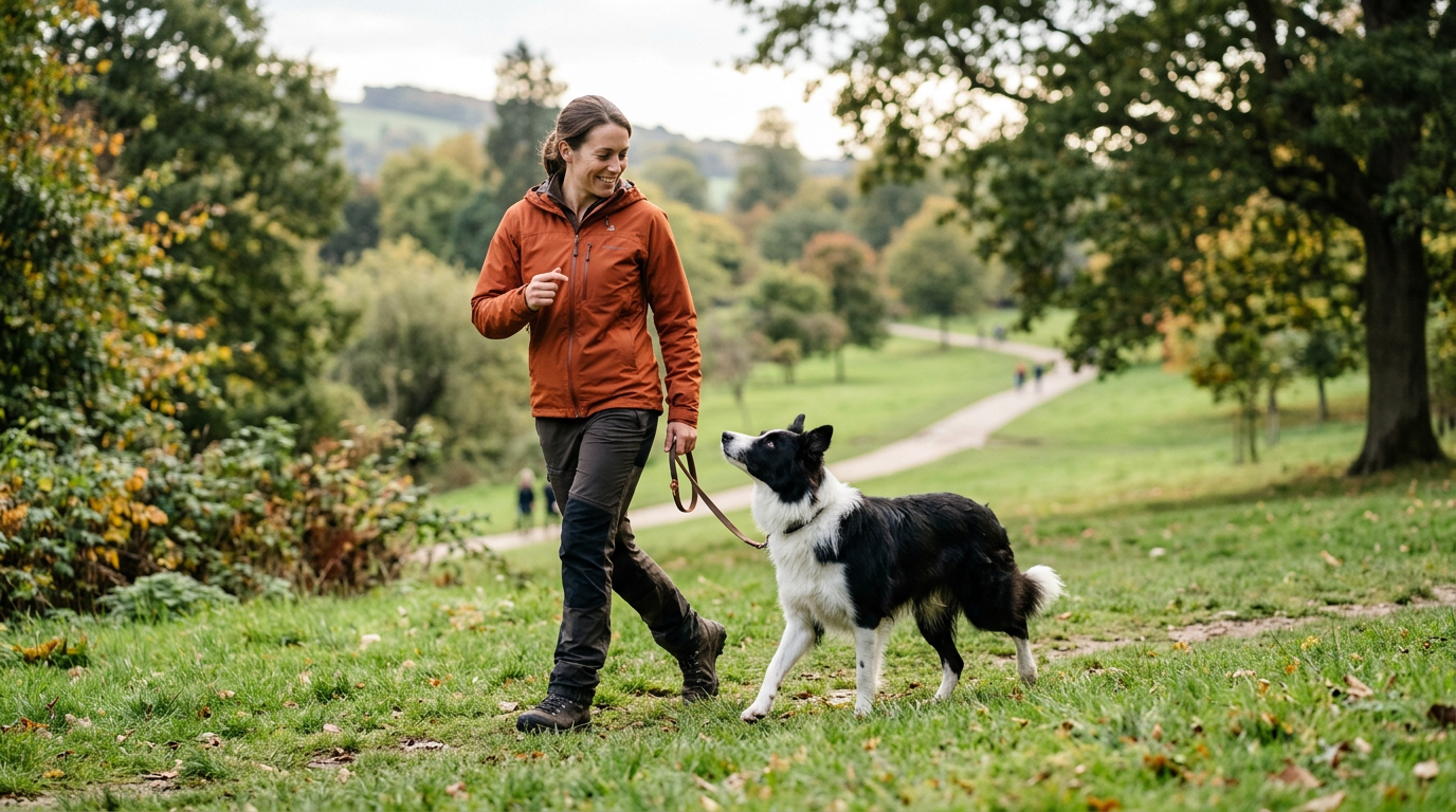 Adult Border Collie with an active owner outdoors